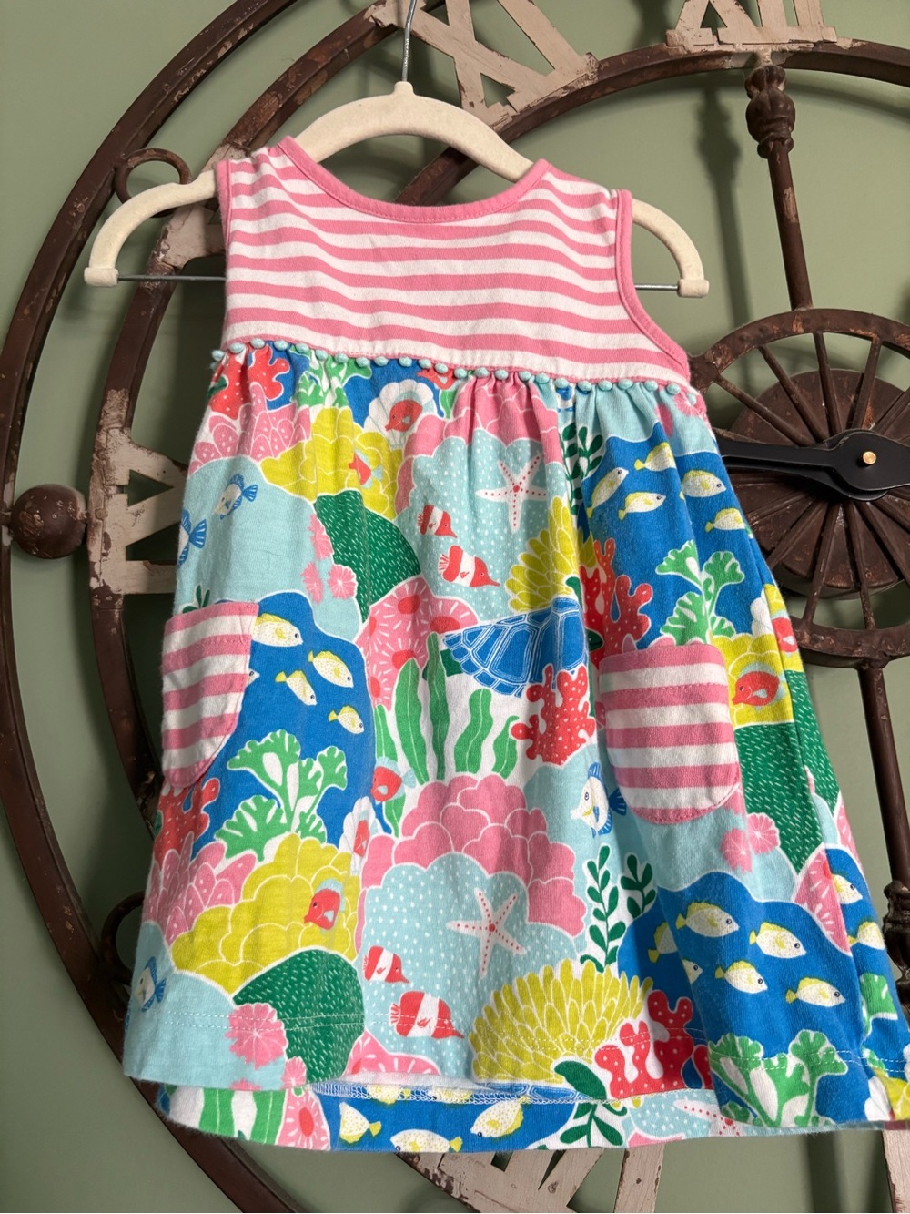 Baby Boden Girls Sleeveless Ocean Print Dress with Pink Stripe Yoke